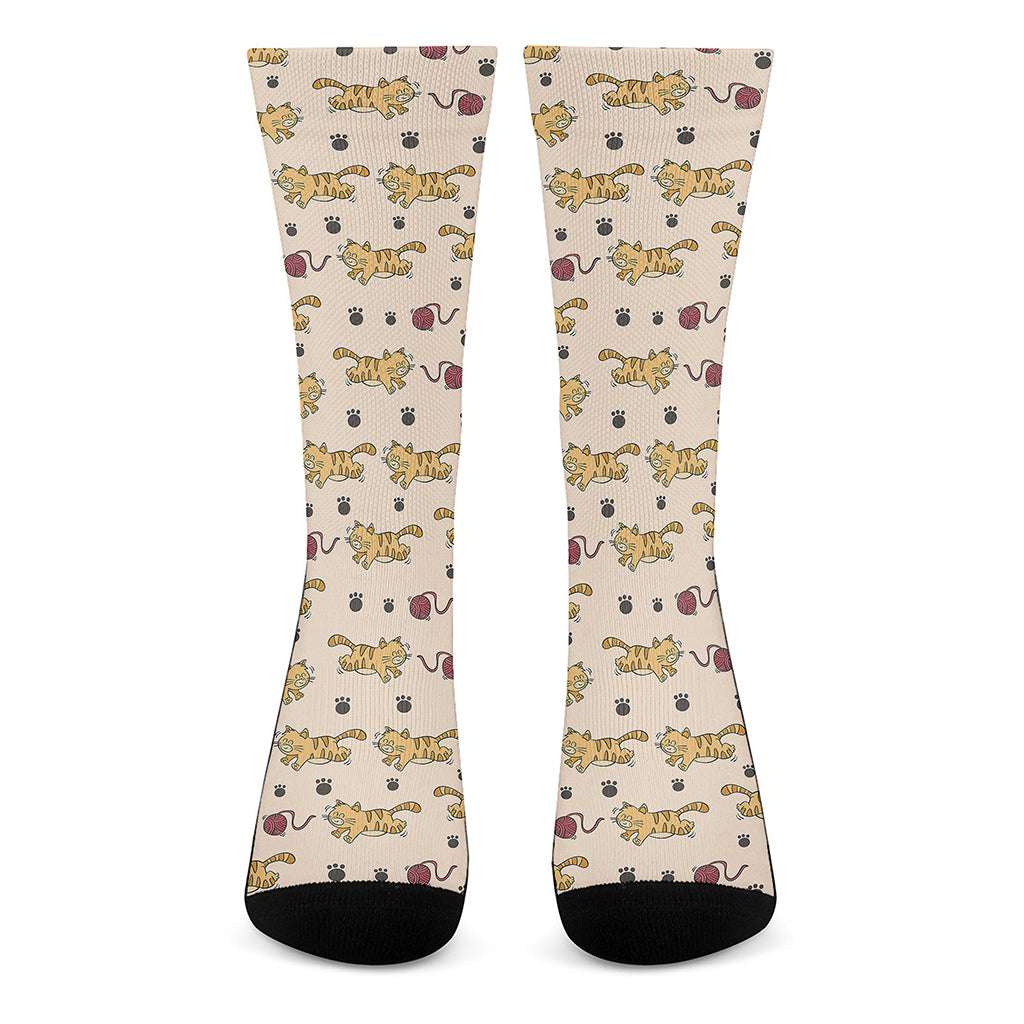 Cat And Yarn Ball Pattern Print Crew Socks