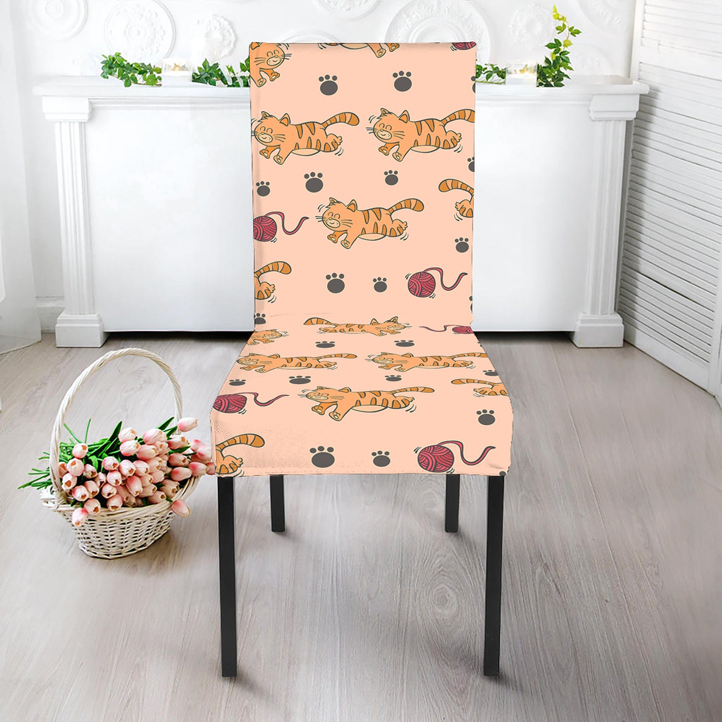 Cat And Yarn Ball Pattern Print Dining Chair Slipcover