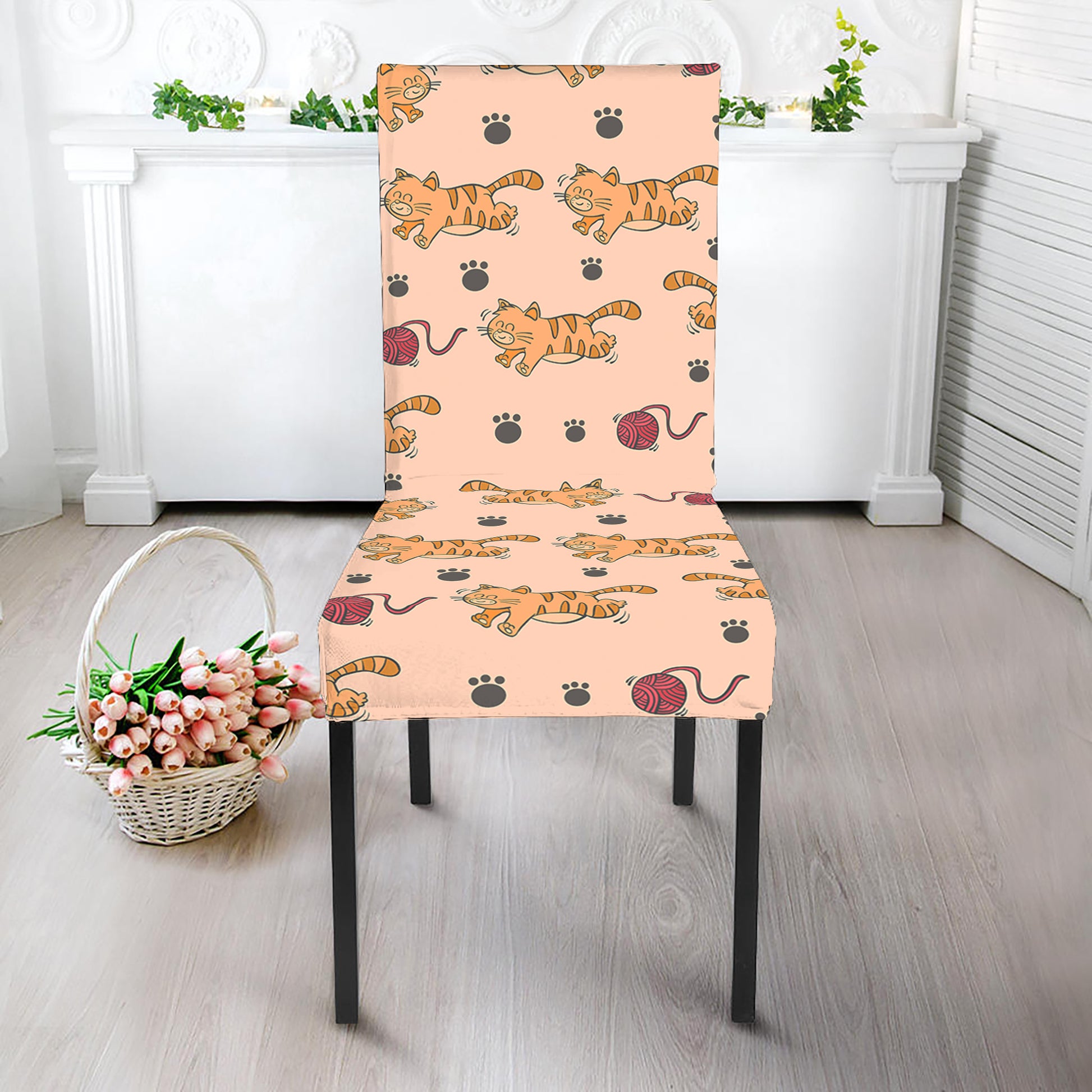 Cat And Yarn Ball Pattern Print Dining Chair Slipcover