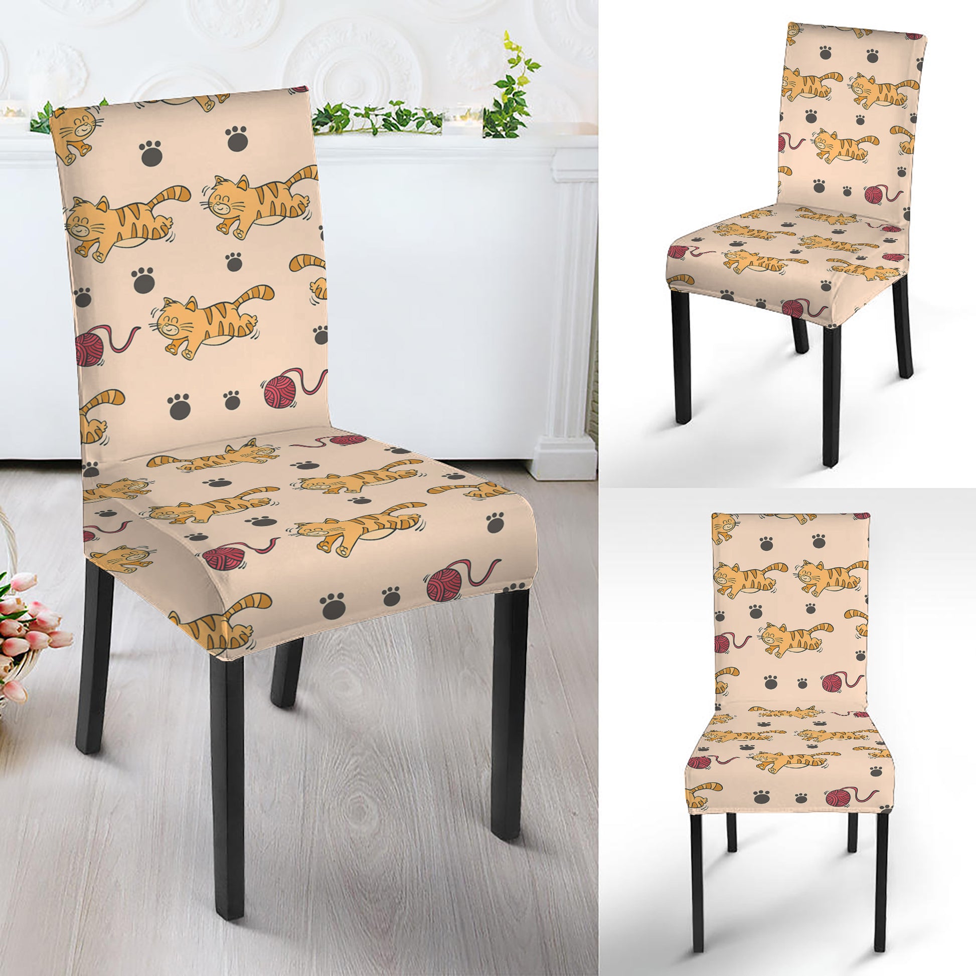 Cat And Yarn Ball Pattern Print Dining Chair Slipcover