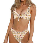 Cat And Yarn Ball Pattern Print Front Bow Tie Bikini