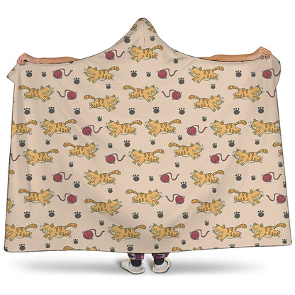 Cat And Yarn Ball Pattern Print Hooded Blanket