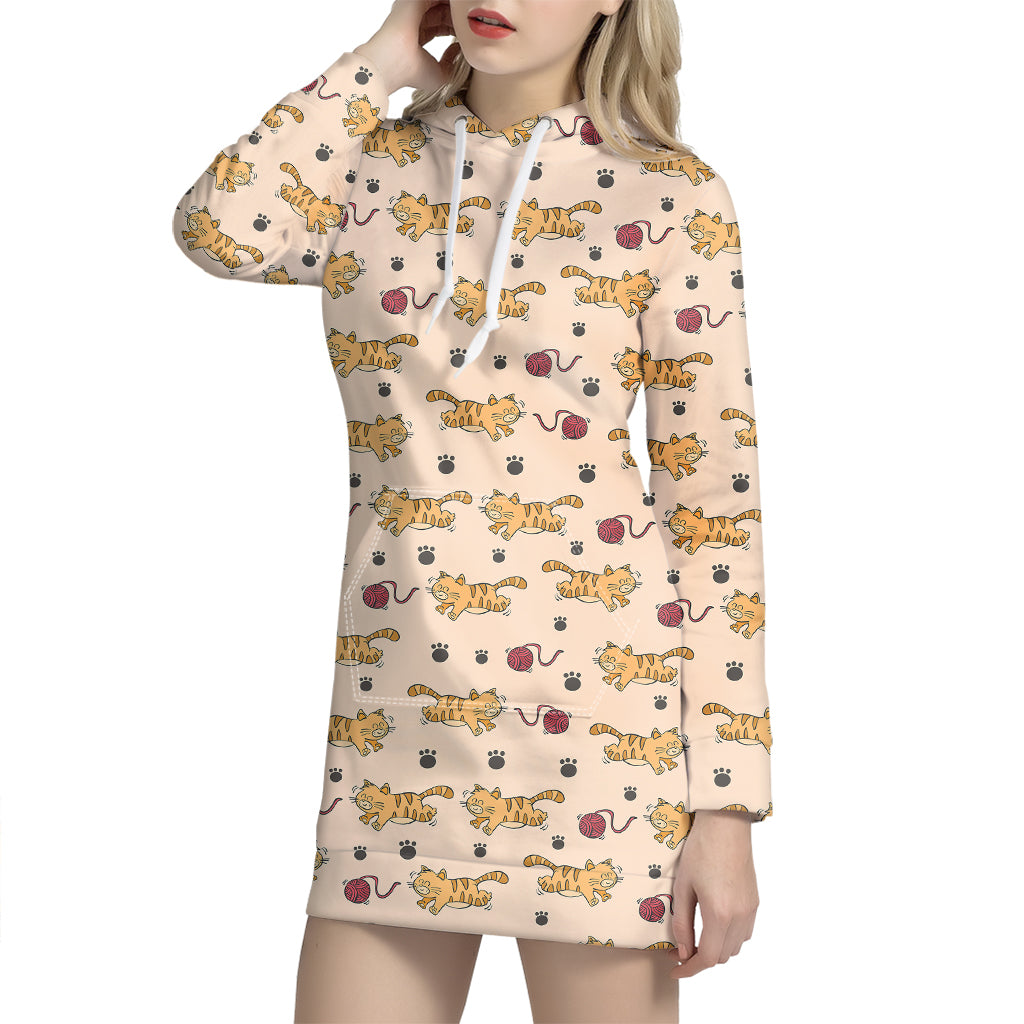 Cat And Yarn Ball Pattern Print Hoodie Dress