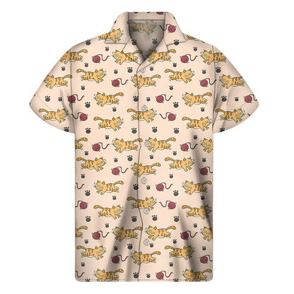 Cat And Yarn Ball Pattern Print Men's Short Sleeve Shirt