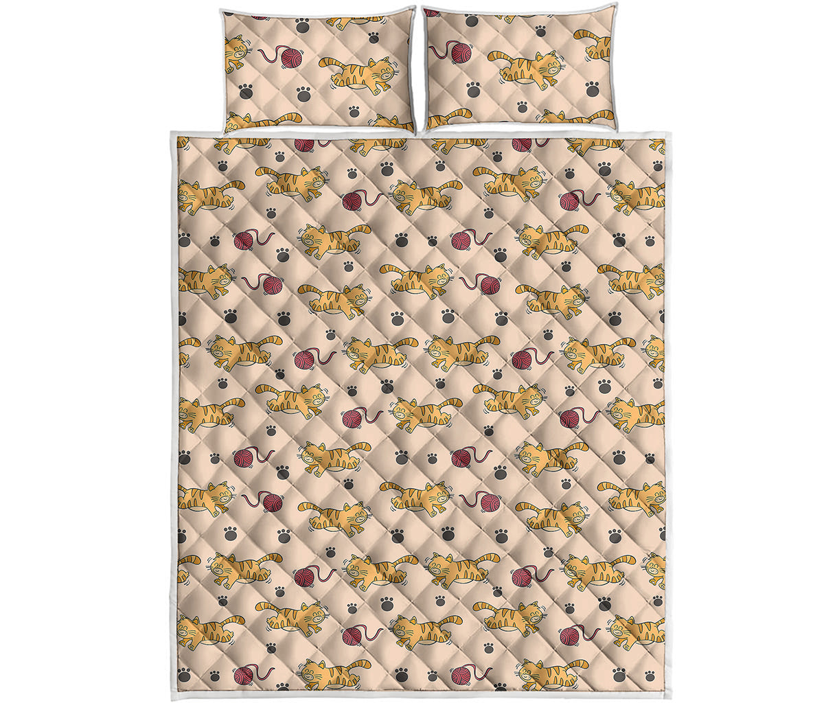 Cat And Yarn Ball Pattern Print Quilt Bed Set