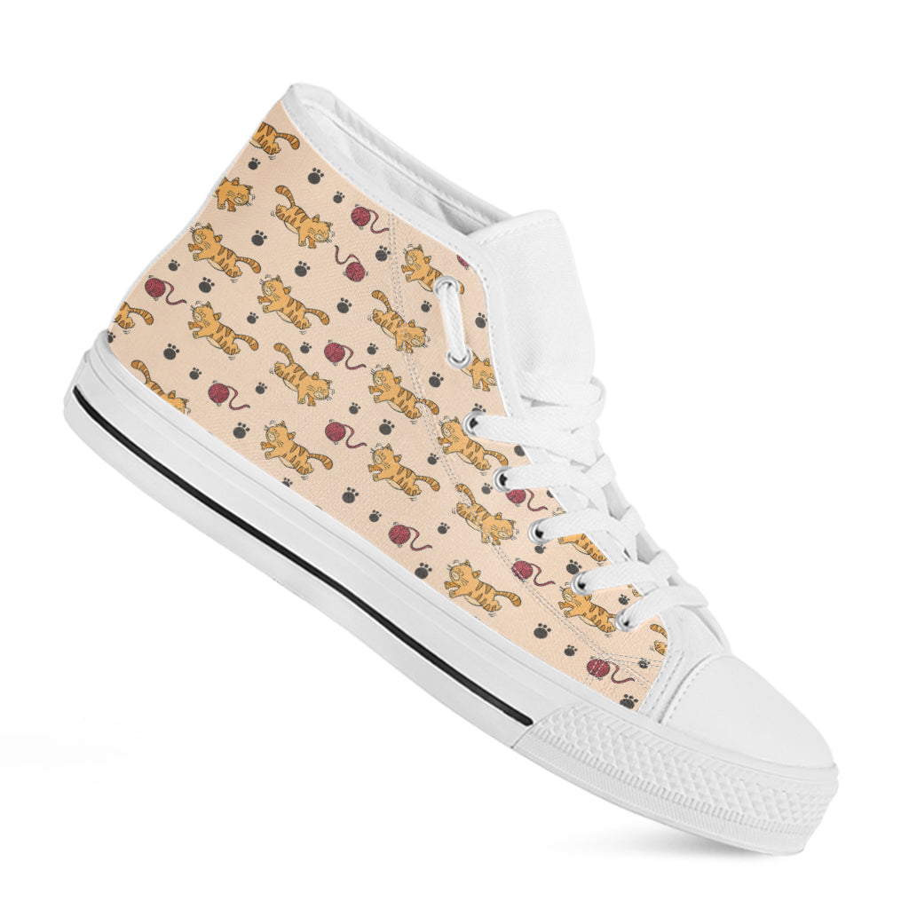 Cat And Yarn Ball Pattern Print White High Top Shoes