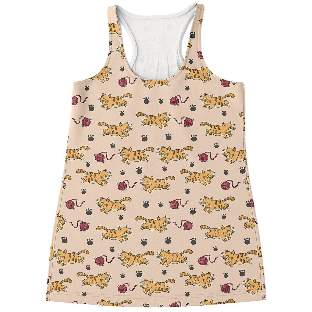 Cat And Yarn Ball Pattern Print Women's Racerback Tank Top