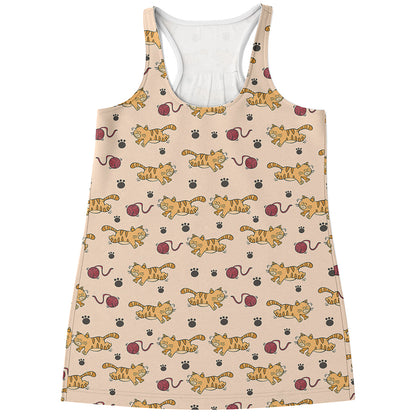 Cat And Yarn Ball Pattern Print Women's Racerback Tank Top