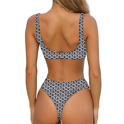 Chainmail Texture Print Front Bow Tie Bikini