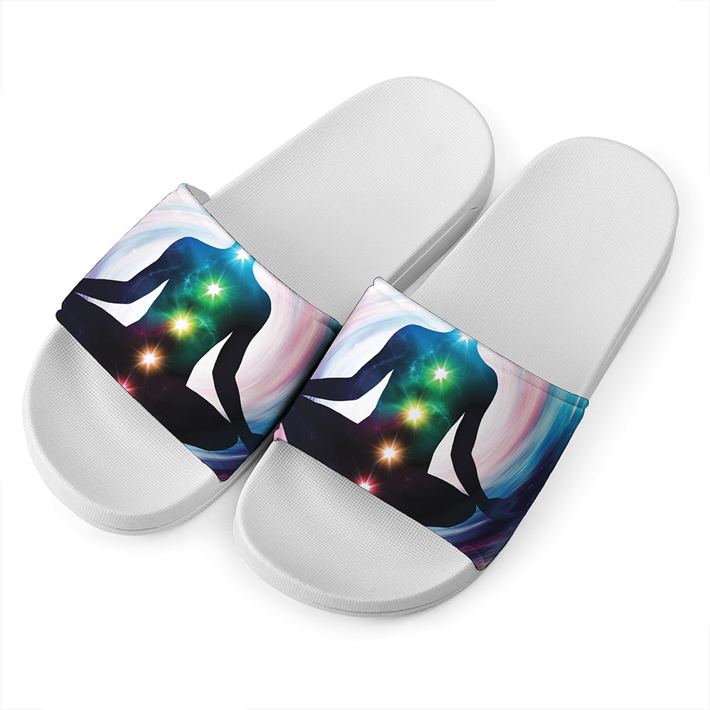 Chakras Of The Universe Print White Slide Sandals