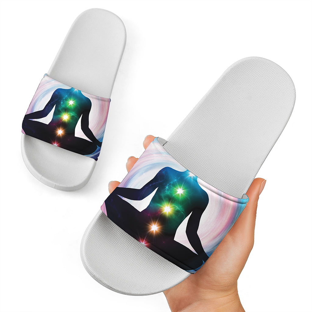Chakras Of The Universe Print White Slide Sandals