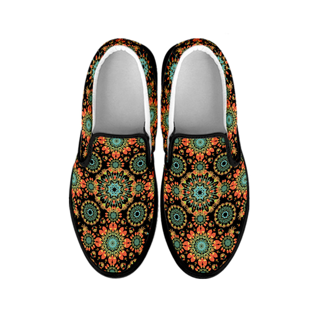Chaotic Boho Floral Pattern Print Black Slip On Shoes