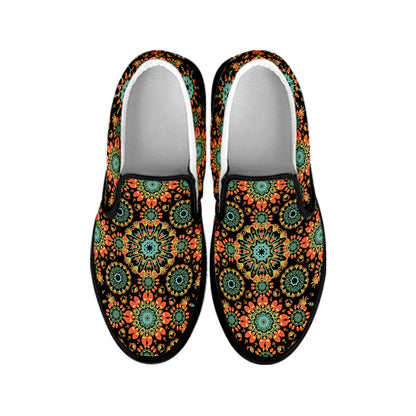 Chaotic Boho Floral Pattern Print Black Slip On Shoes