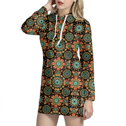 Chaotic Boho Floral Pattern Print Hoodie Dress