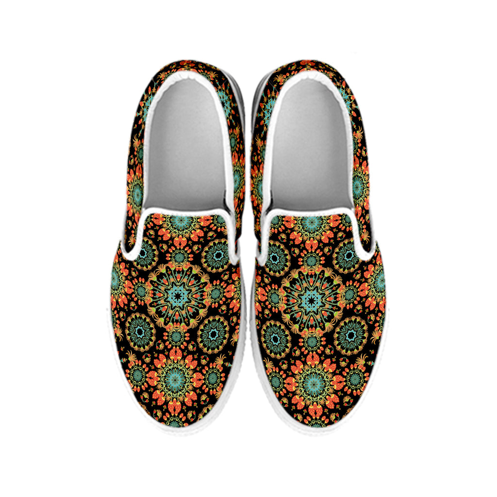 Chaotic Boho Floral Pattern Print White Slip On Shoes