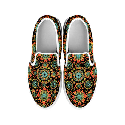 Chaotic Boho Floral Pattern Print White Slip On Shoes