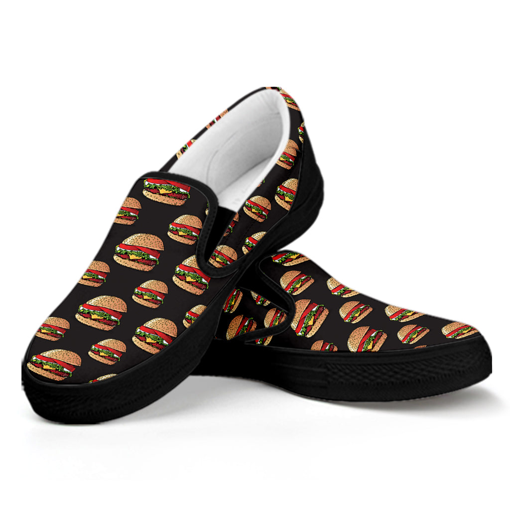 Cheeseburger Pattern Print Black Slip On Shoes