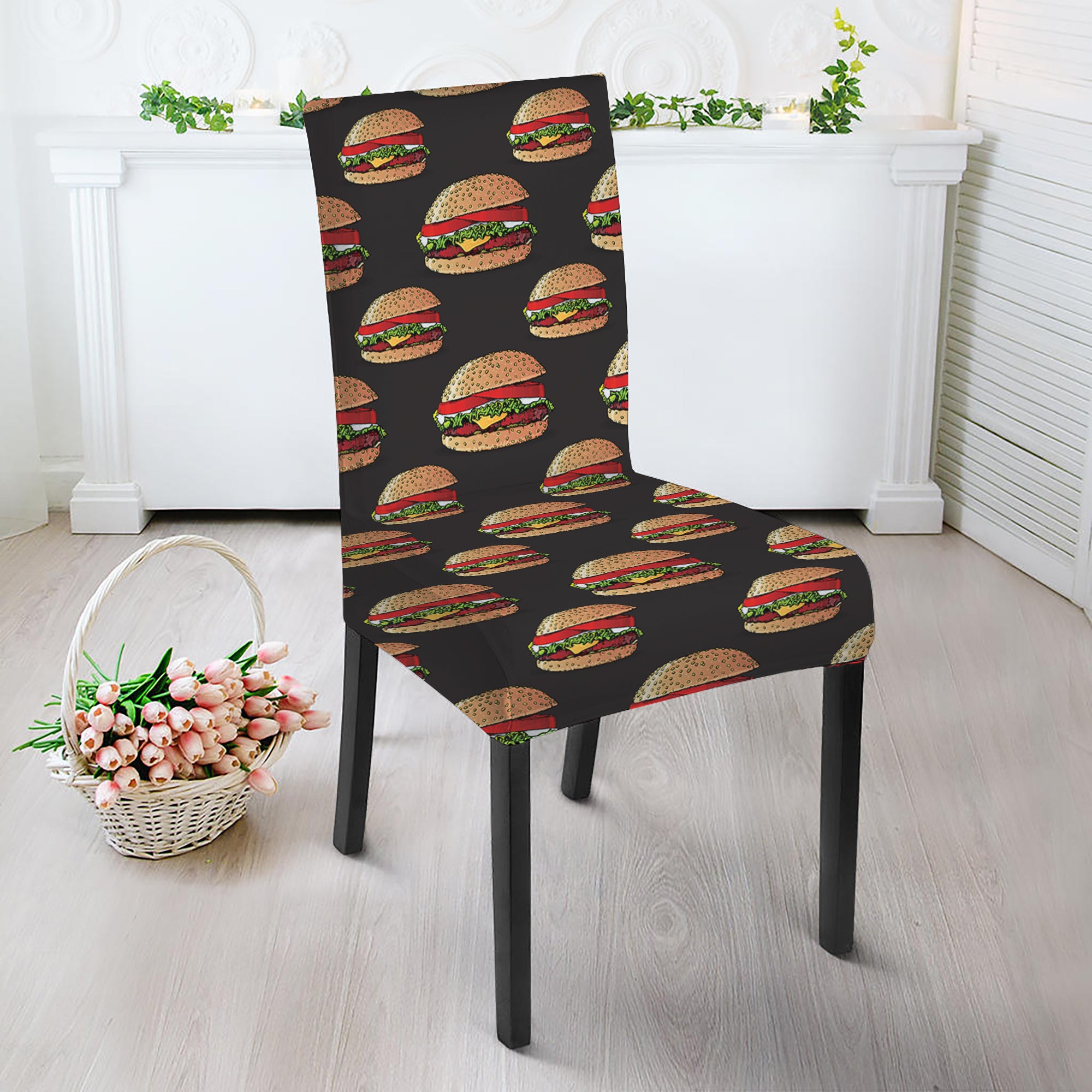 Cheeseburger Pattern Print Dining Chair Slipcover