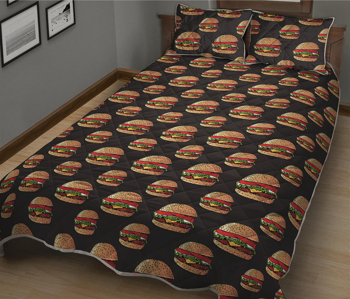 Cheeseburger Pattern Print Quilt Bed Set