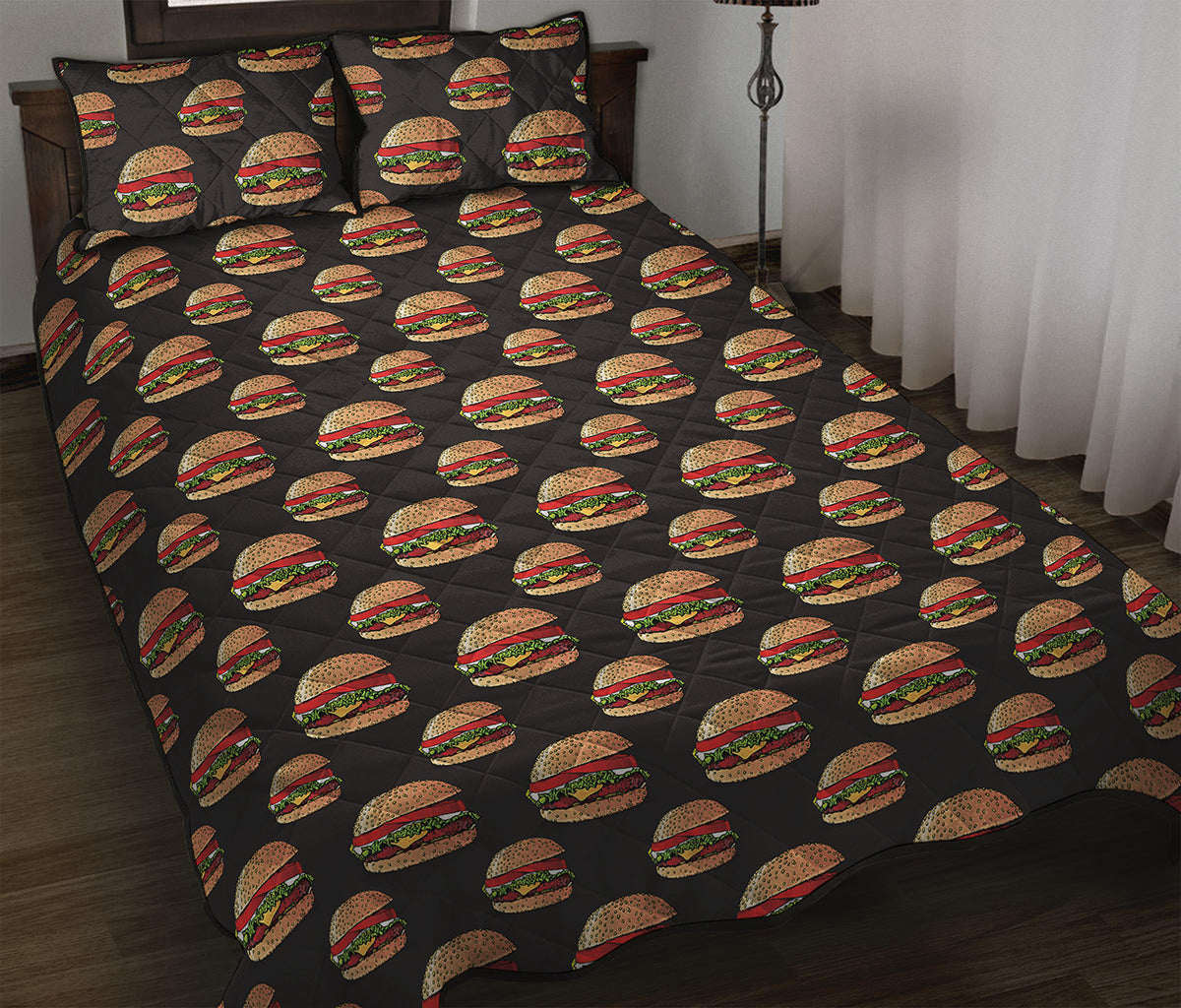 Cheeseburger Pattern Print Quilt Bed Set