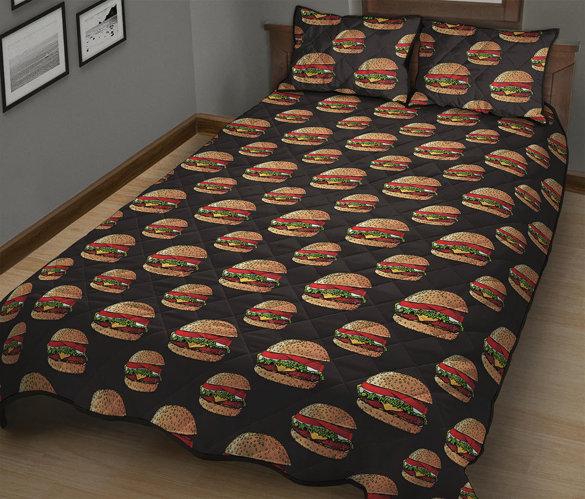 Cheeseburger Pattern Print Quilt Bed Set