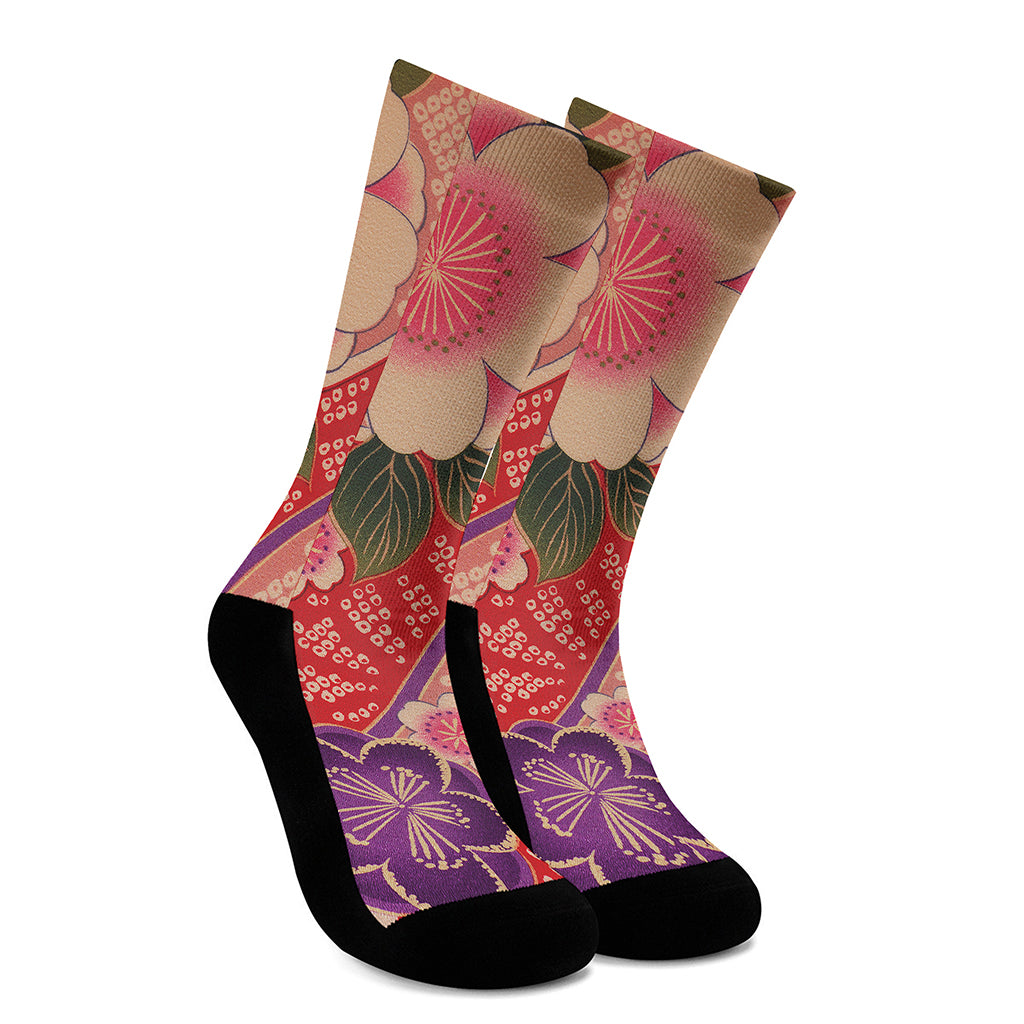 Cherry Blossom Kimono Pattern Print Crew Socks