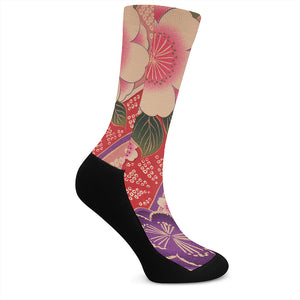 Cherry Blossom Kimono Pattern Print Crew Socks