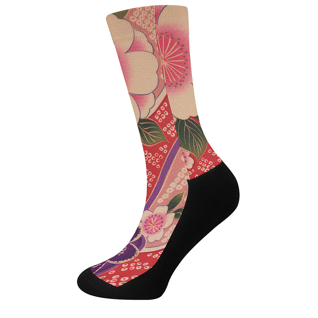 Cherry Blossom Kimono Pattern Print Crew Socks