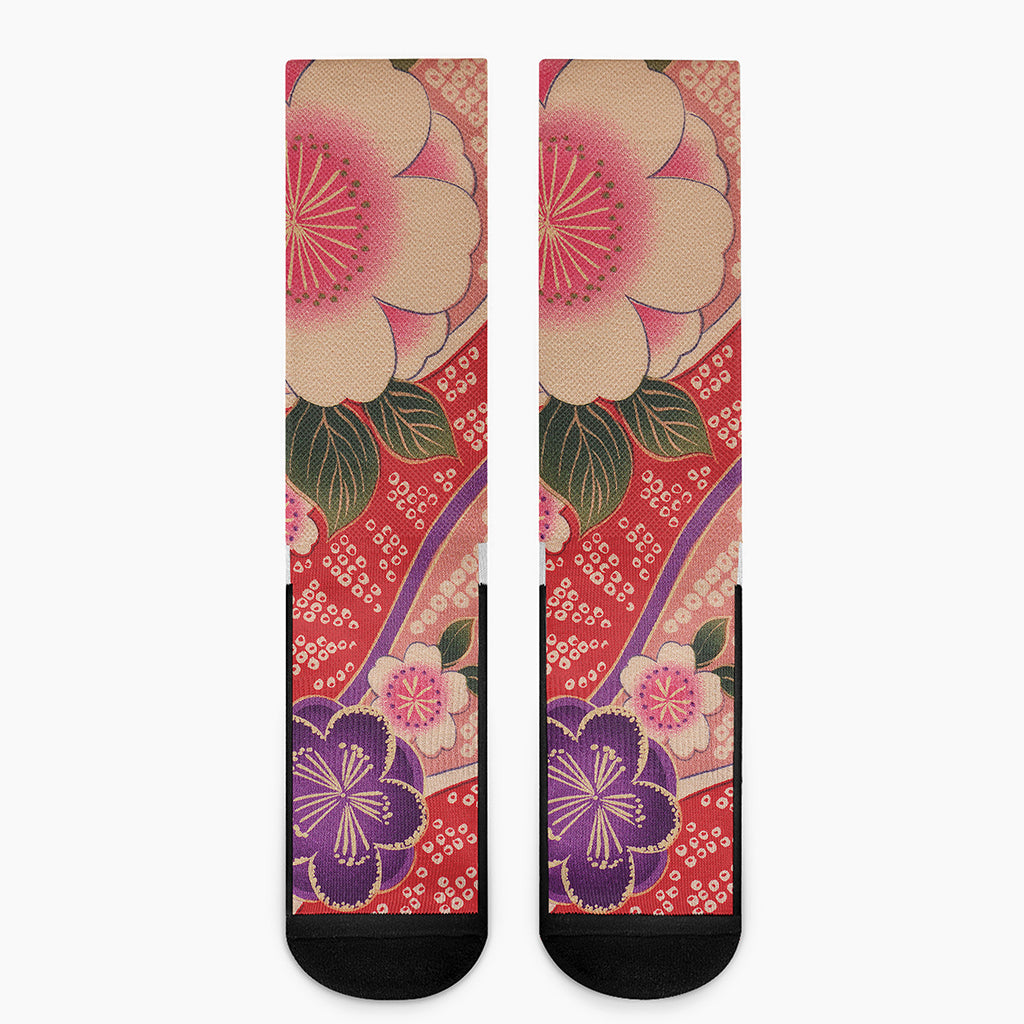 Cherry Blossom Kimono Pattern Print Crew Socks