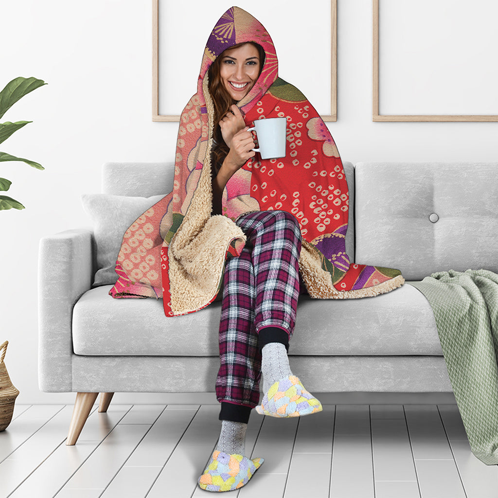 Cherry Blossom Kimono Pattern Print Hooded Blanket