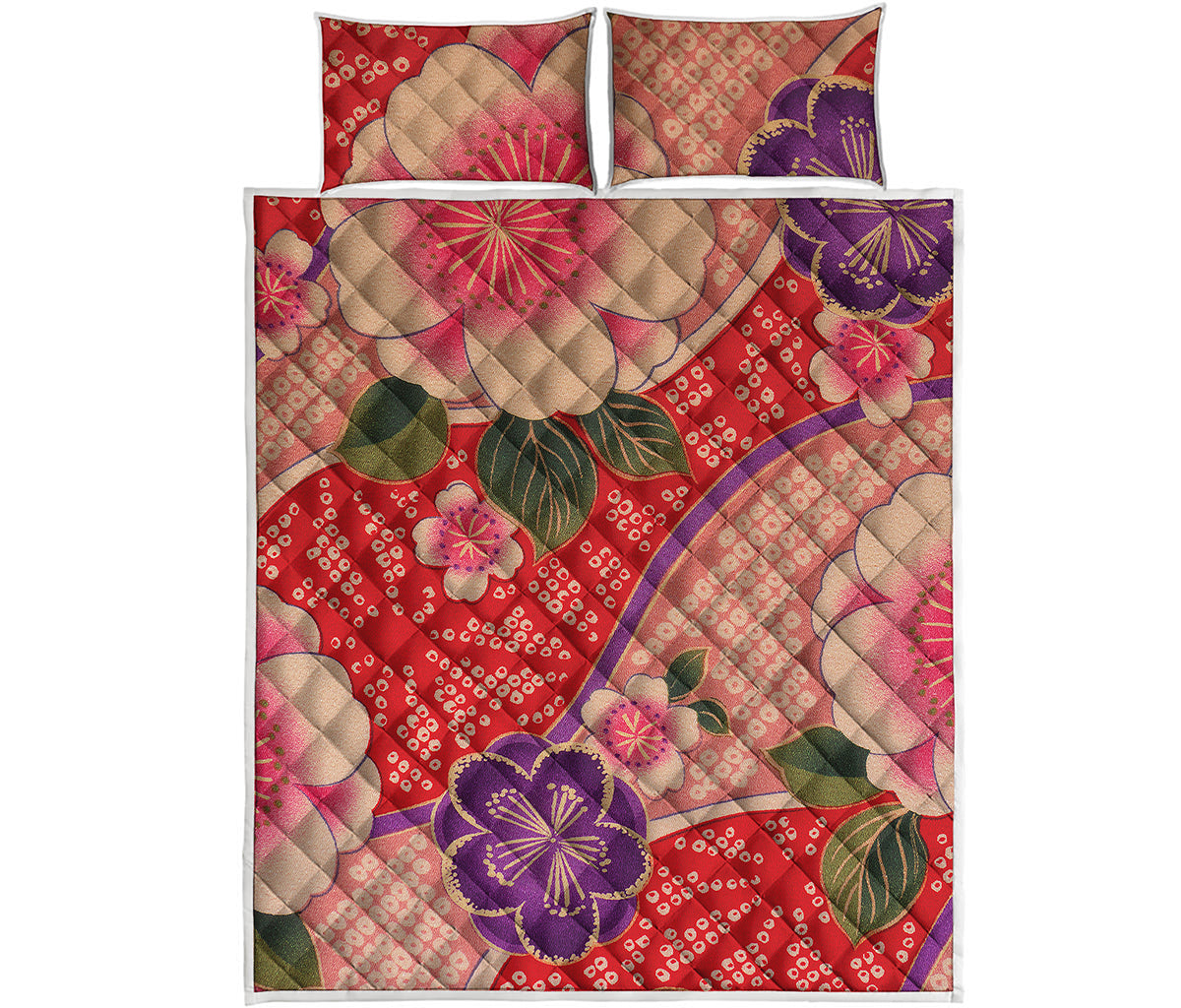 Cherry Blossom Kimono Pattern Print Quilt Bed Set