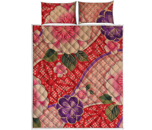 Cherry Blossom Kimono Pattern Print Quilt Bed Set