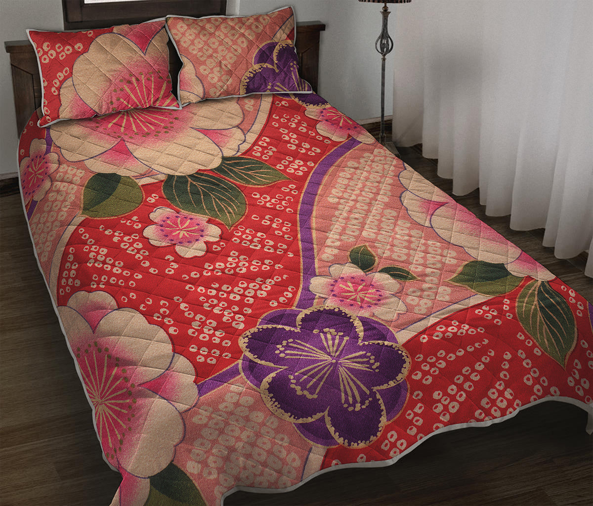 Cherry Blossom Kimono Pattern Print Quilt Bed Set