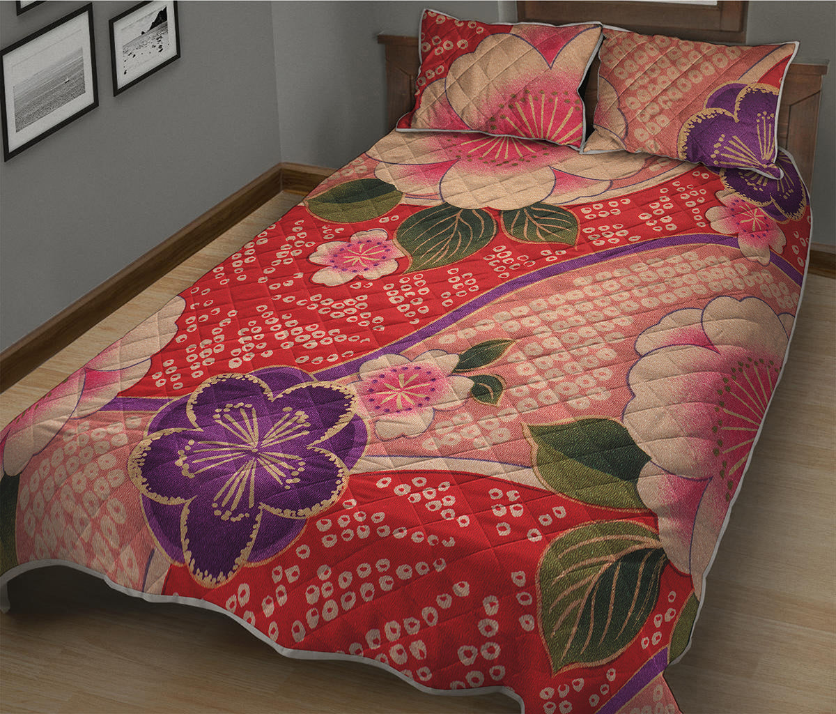 Cherry Blossom Kimono Pattern Print Quilt Bed Set