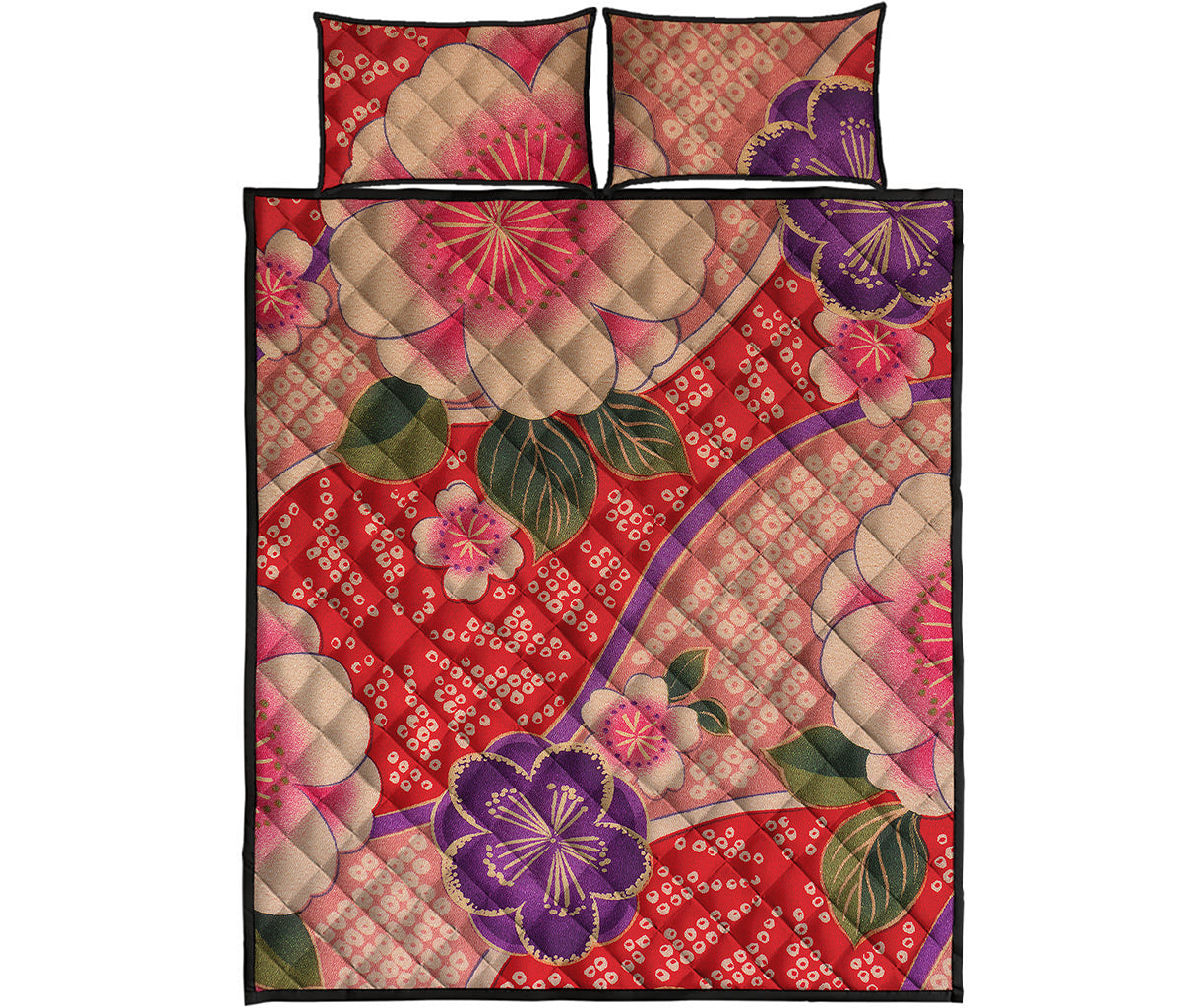 Cherry Blossom Kimono Pattern Print Quilt Bed Set