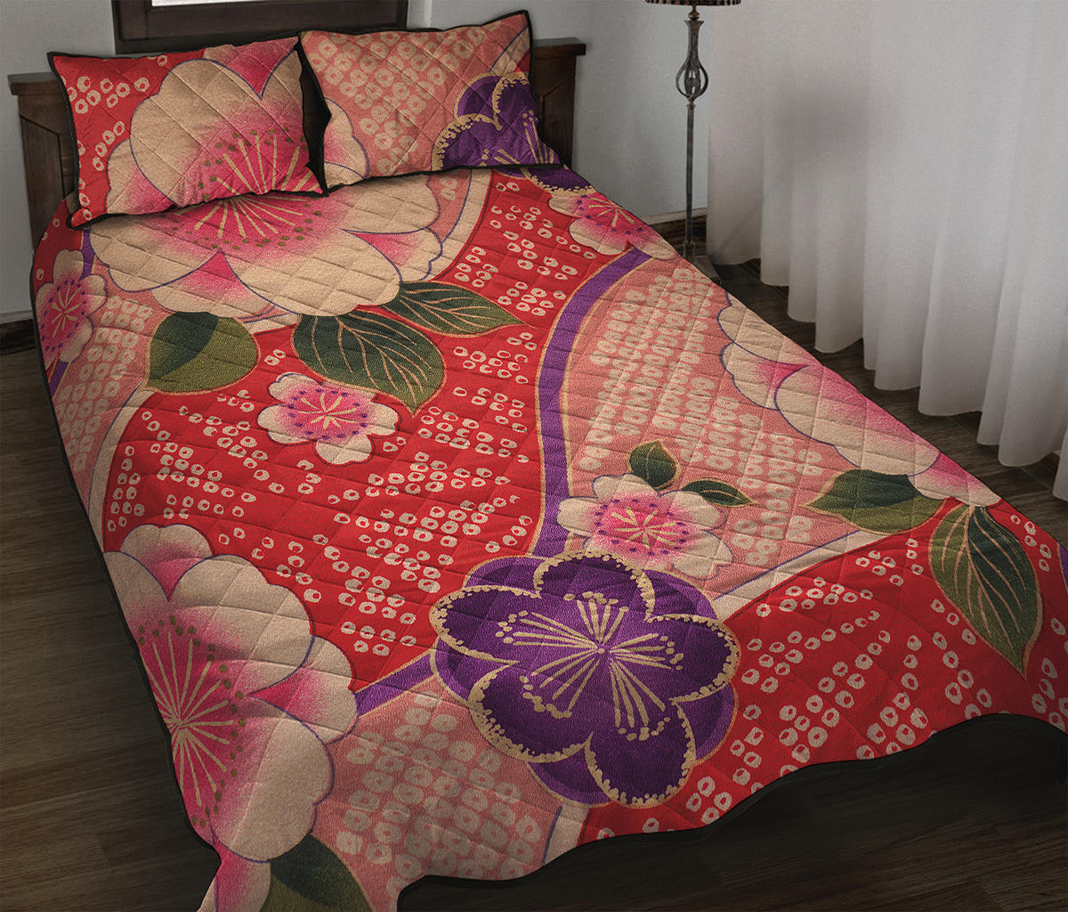 Cherry Blossom Kimono Pattern Print Quilt Bed Set