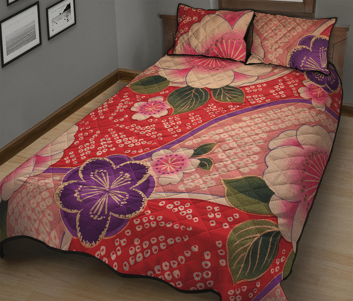Cherry Blossom Kimono Pattern Print Quilt Bed Set