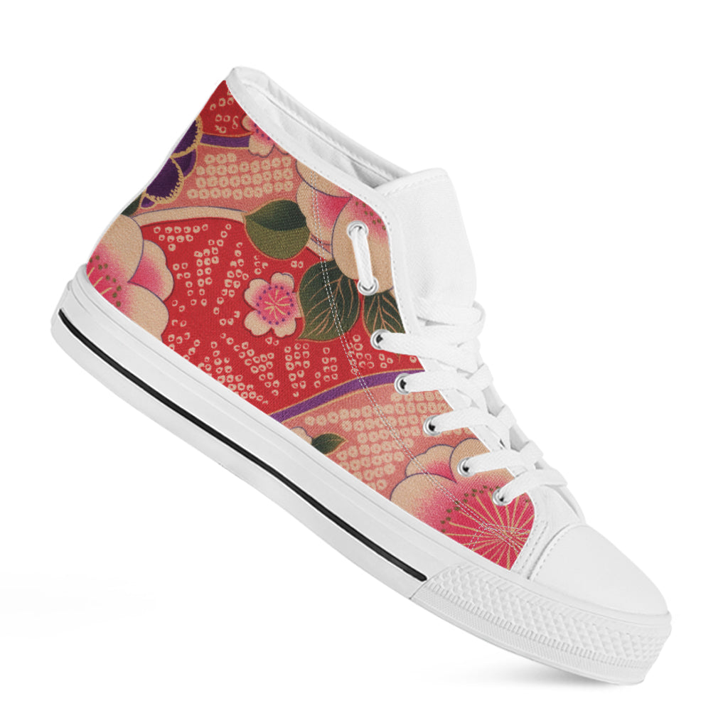 Cherry Blossom Kimono Pattern Print White High Top Shoes