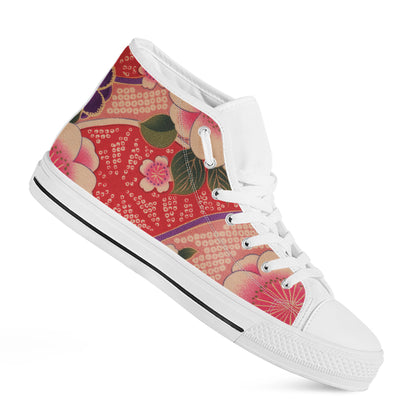 Cherry Blossom Kimono Pattern Print White High Top Shoes