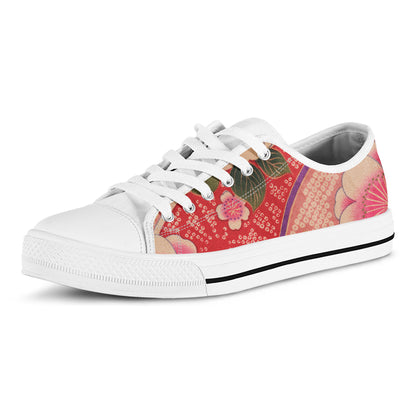 Cherry Blossom Kimono Pattern Print White Low Top Shoes