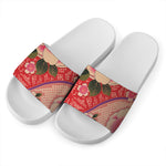 Cherry Blossom Kimono Pattern Print White Slide Sandals
