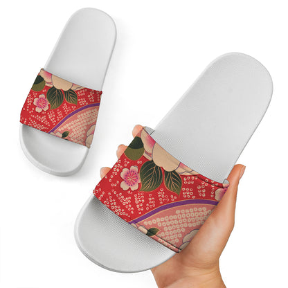 Cherry Blossom Kimono Pattern Print White Slide Sandals