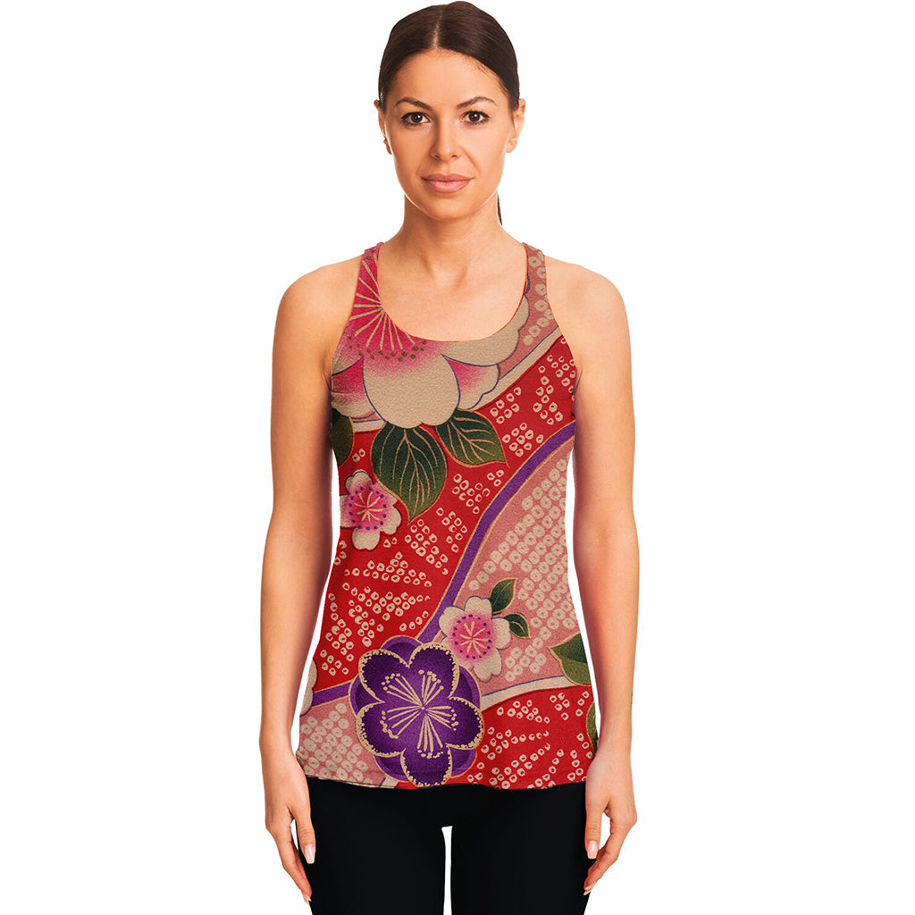 Cherry Blossom Kimono Pattern Print Women's Racerback Tank Top
