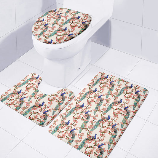 Cherry Blossom Peacock Print 3 Piece Bath Mat Set
