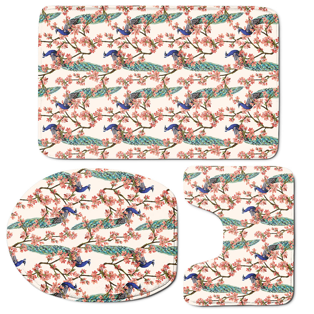 Cherry Blossom Peacock Print 3 Piece Bath Mat Set