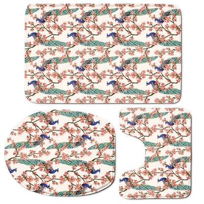 Cherry Blossom Peacock Print 3 Piece Bath Mat Set