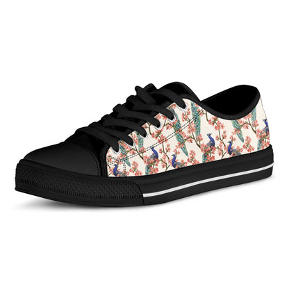 Cherry Blossom Peacock Print Black Low Top Shoes