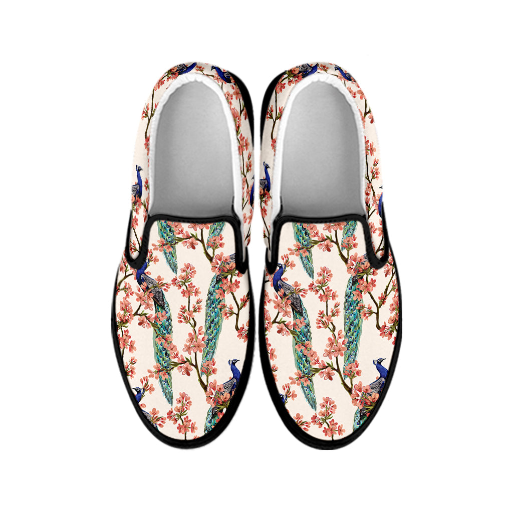 Cherry Blossom Peacock Print Black Slip On Shoes
