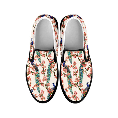 Cherry Blossom Peacock Print Black Slip On Shoes