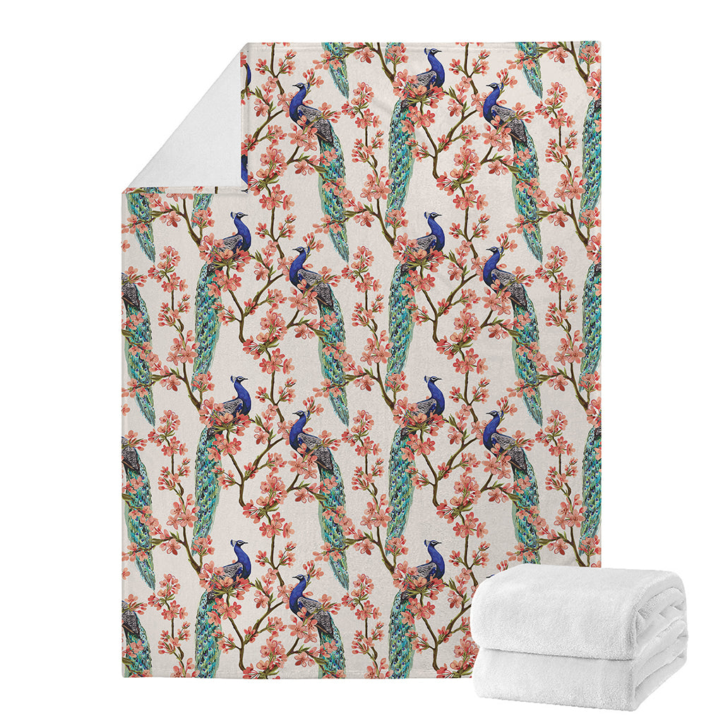 Cherry Blossom Peacock Print Blanket